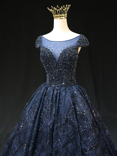 Gothic Royal Blue Tulle Ball Gown Wedding Dress - Cap Sleeve Dress - Royal Blue Prom Dress Plus Size